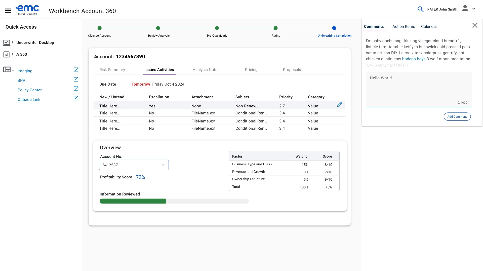 Underwriting Workbench issues screen